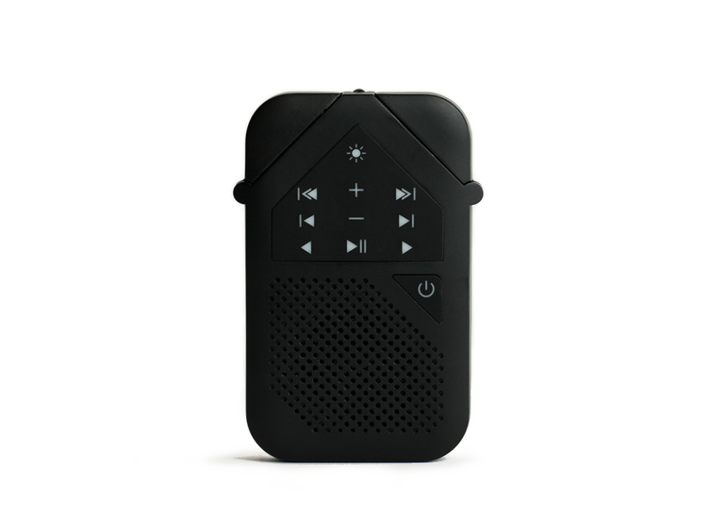 The Arrow audio Bible player, shown with its solar panel and speaker