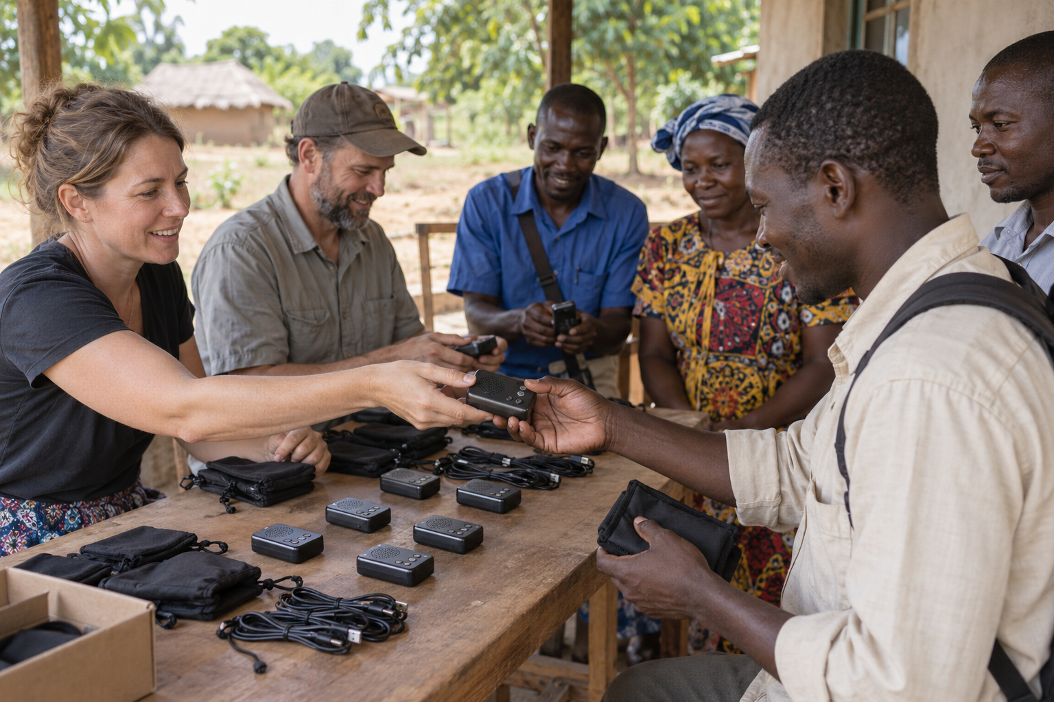 Mission workers demonstrating compact audio Bible devices to local ministry leaders