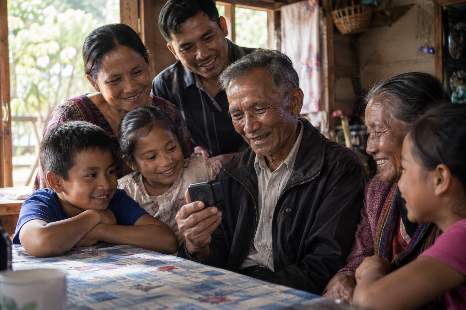 A multigenerational family listening together to a compact audio Bible player