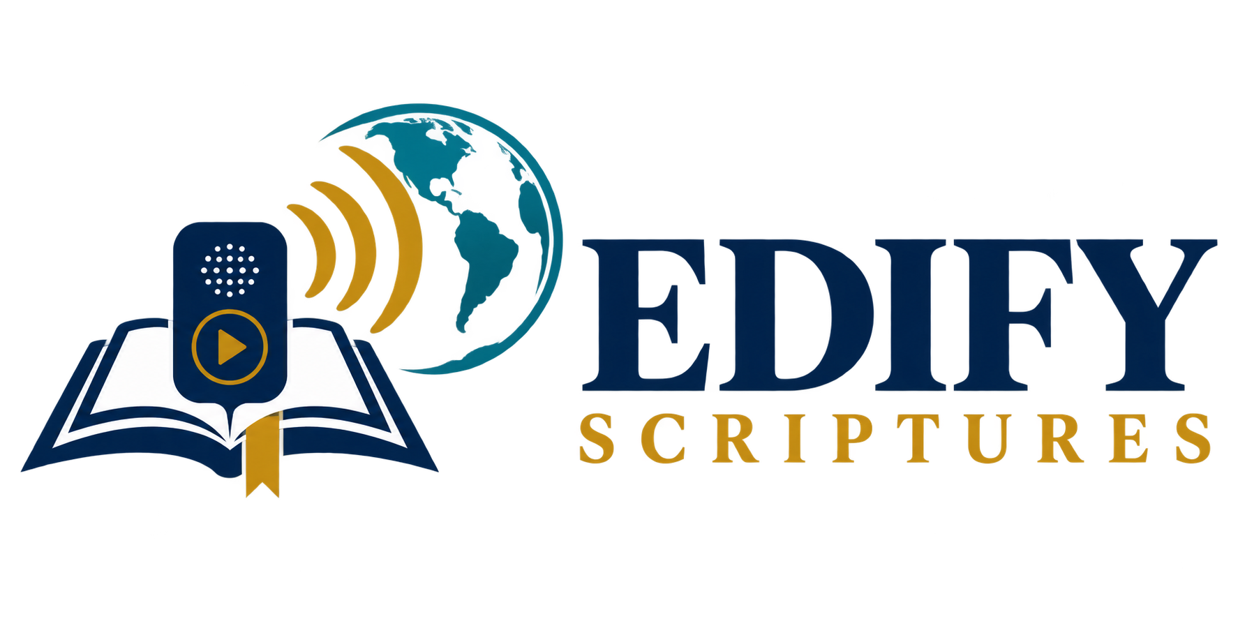 Edify Scriptures - audio Bible, open Bible and globe logo